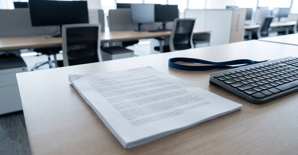 Stapled internal report lying on an office desk in an empty open-plan office