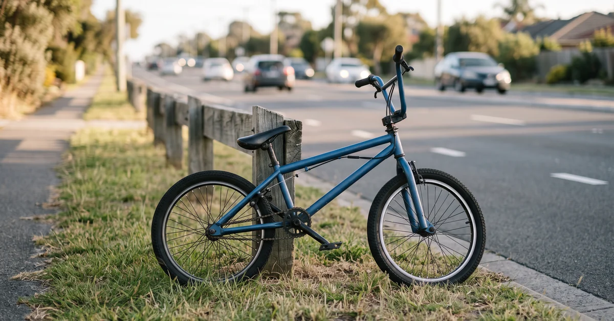 Blue BMX bike locked to a wooden post on a grassy curb beside a busy street.