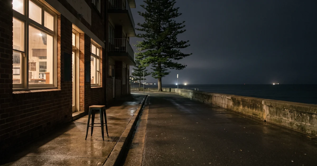 Footpath outside a beachside Sydney pub at night