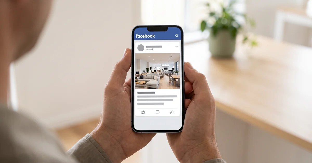 Hands holding a phone showing a Facebook post about a modern furniture showroom