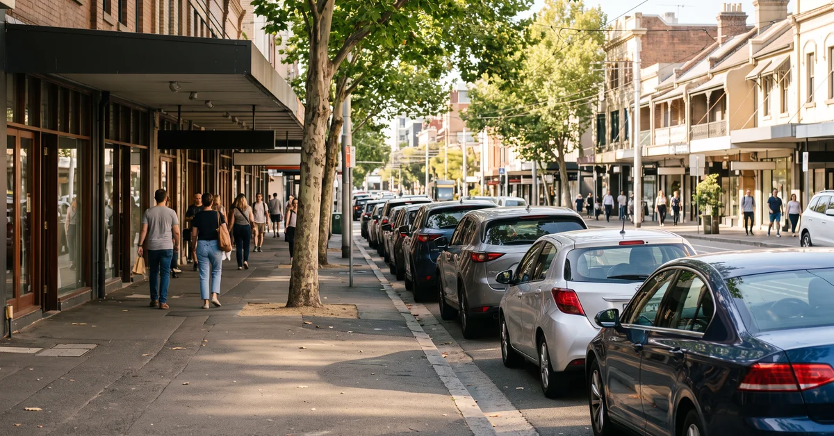 Angle parking along a sunlit inner-Sydney shopping street