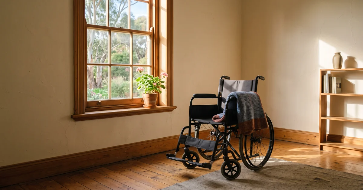 Empty wheelchair beside a sunlit window in a quiet room