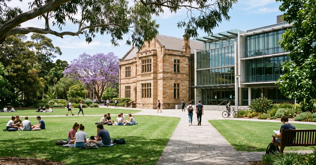 Students crossing a sunlit university lawn between sandstone buildings