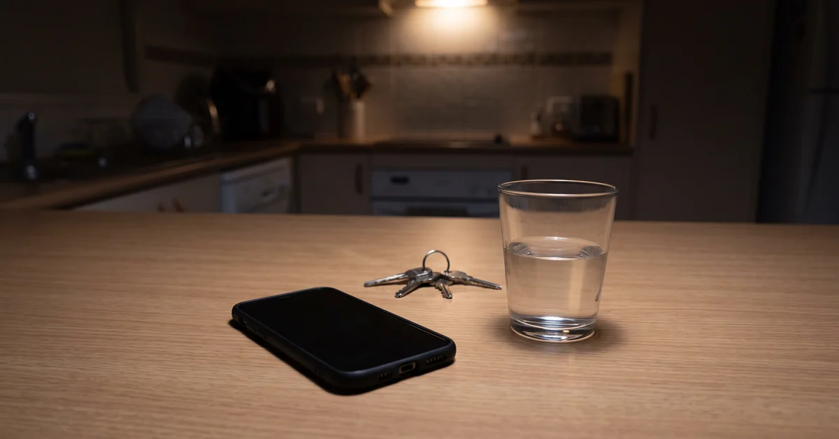 Mobile phone face up on a kitchen bench at night beside a glass of water