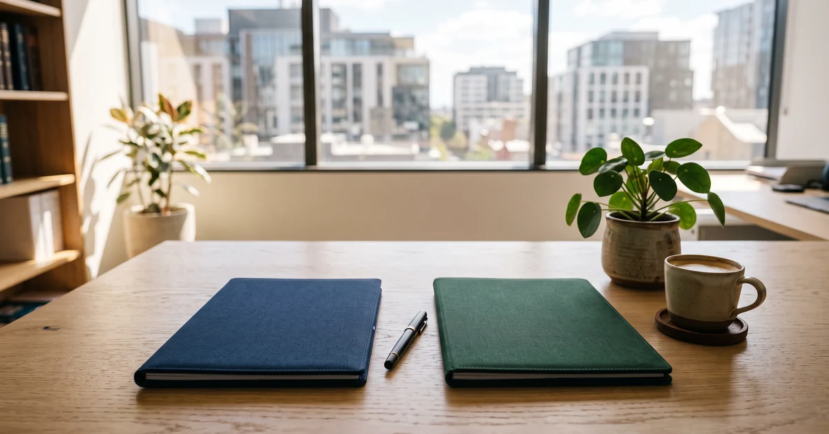 Two closed files side by side on a sunlit solicitor's desk