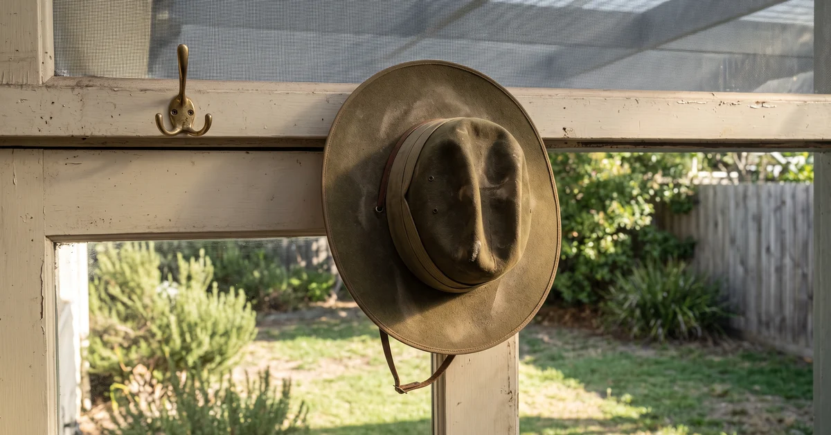 Wide-brimmed brown hat hanging on a white wooden window frame, outdoors in a sunny yard.
