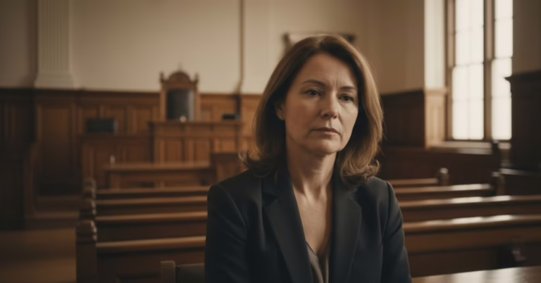 a woman looking sad, sitting in a court room