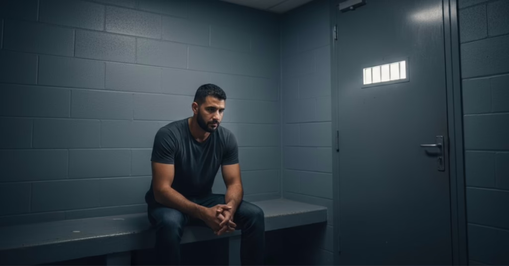 a man sitting on a bench in a jail cell