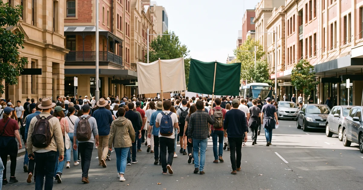 Daytime protest march along a sunlit city street