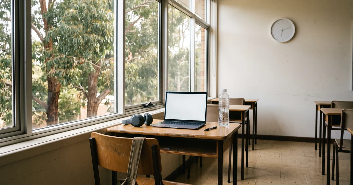 Exam desk set up with headphones and a laptop in a bright room
