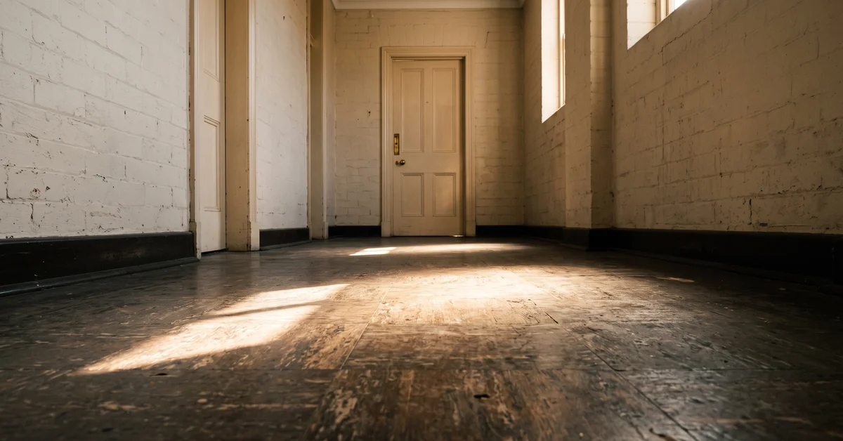 Shaft of afternoon light across a bare institutional floor