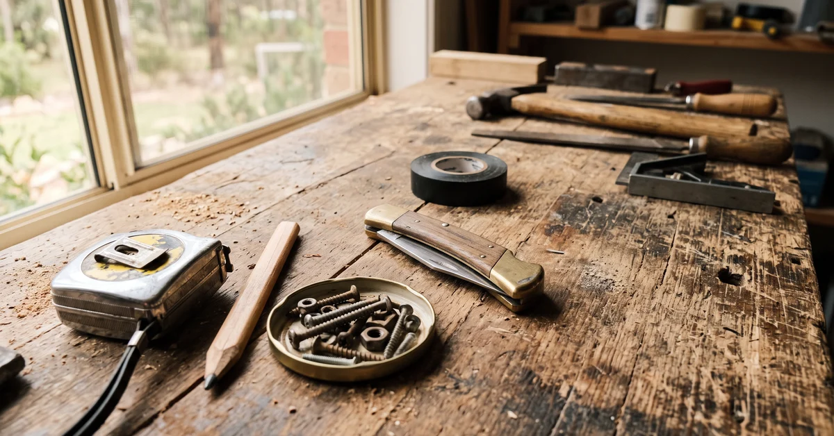 Small closed pocketknife among tools on a sunlit workbench