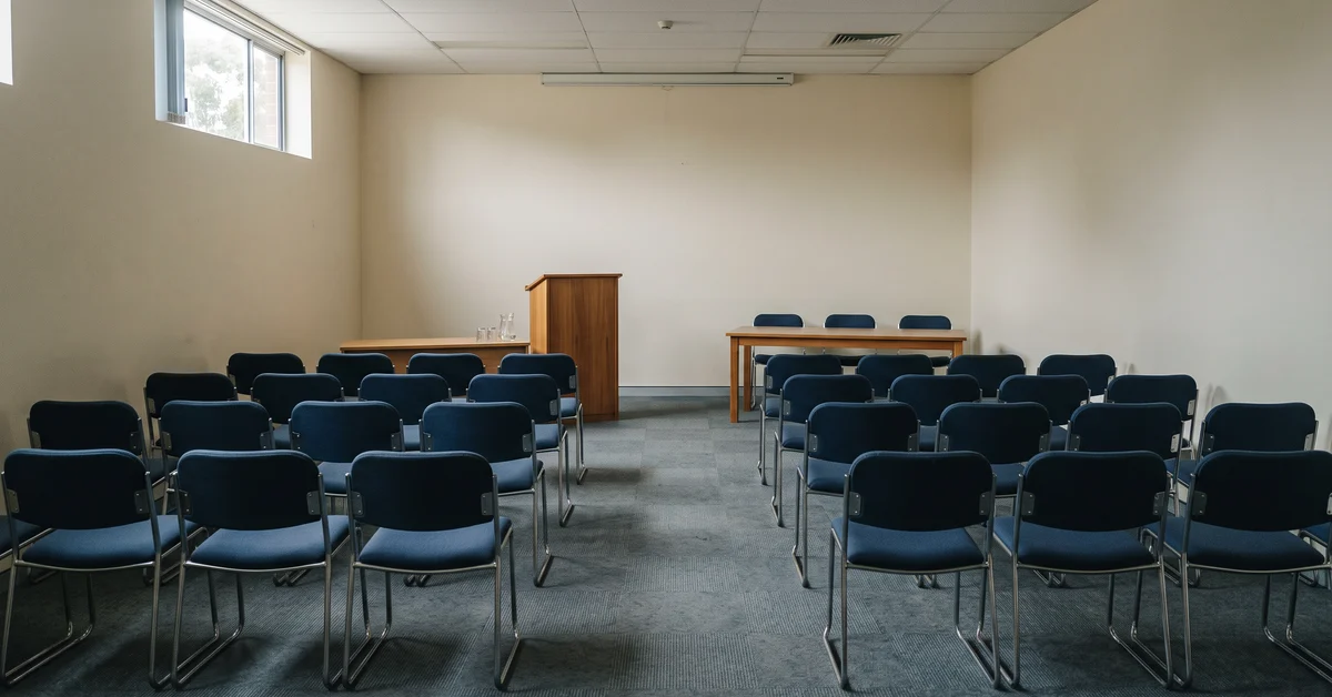 Empty conference room with blue chairs arranged in rows facing a wooden podium and two long front tables. A bright window is on the left wall.