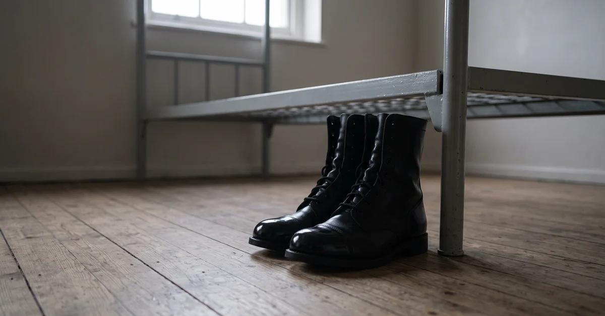 Pair of polished parade boots on a bare timber floor