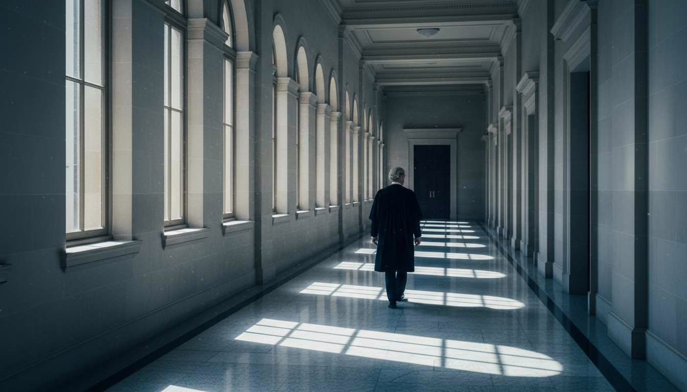NSW protest sentencing law | O'BRIEN CRIMINAL & CIVIL SOLICITORS A judge walking down a long corridor with his back to viewer, light is coming through tall windows to the left of the image