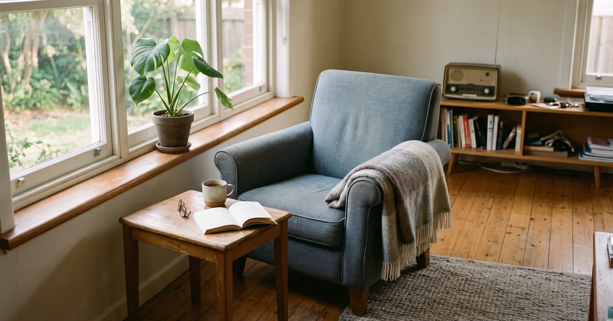 Armchair by a sunlit window with a blanket and a cup of tea