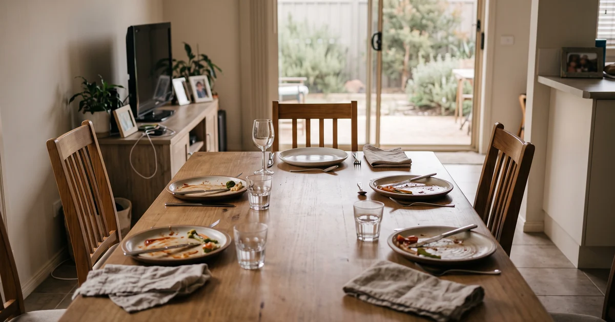Family dining table with one place setting left untouched