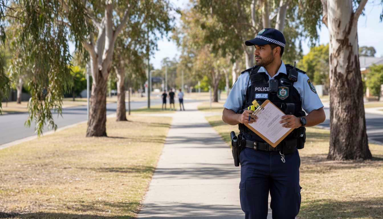 NSW wanding powers | O'BRIEN CRIMINAL & CIVIL SOLICITORS A NSW police officer on a street with lots of trees lining streets, holding a clipboard in his hands