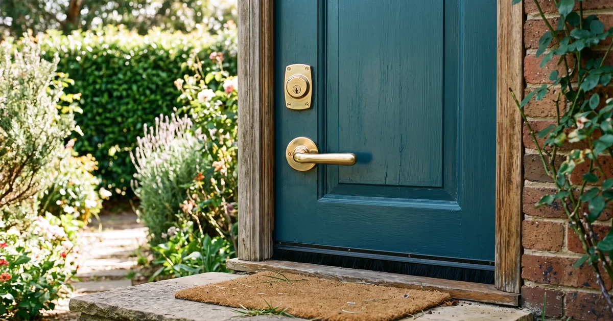Newly fitted brass deadlock on a freshly painted front door