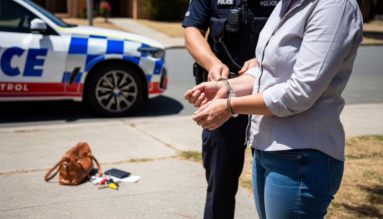 A man being handcuffed by a police officer on the street beside a police car.