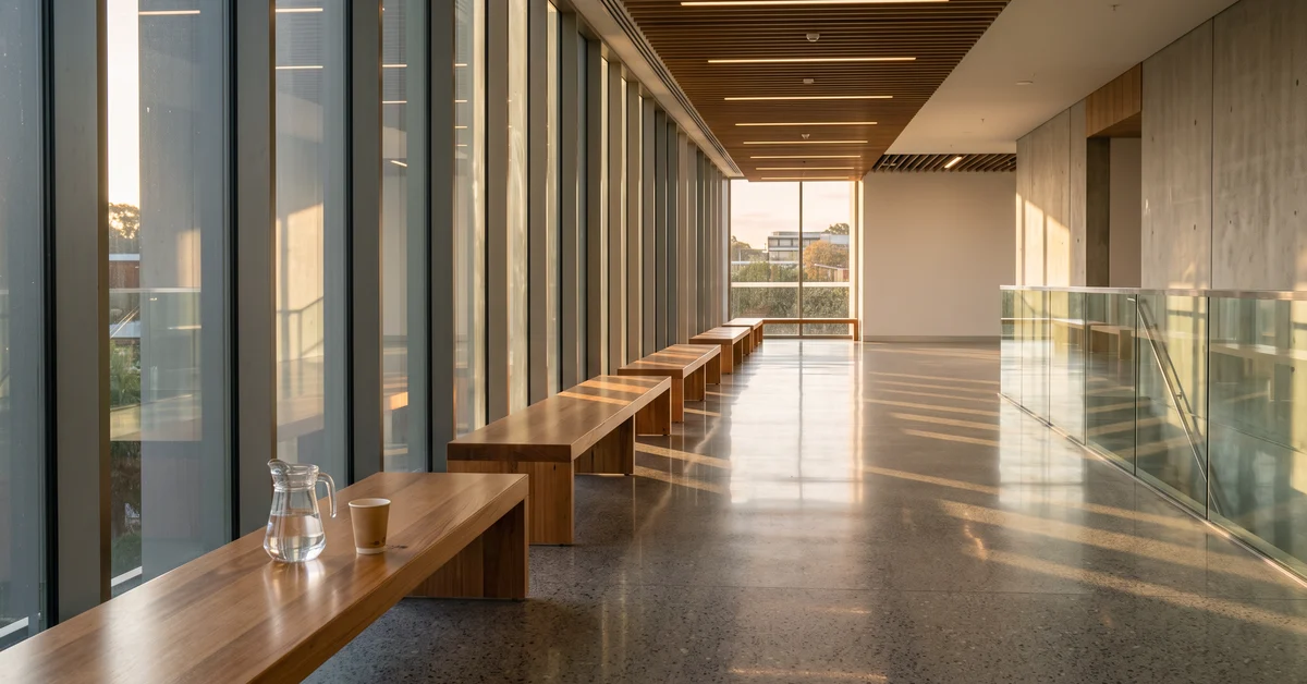 Sunlit court corridor with a bench seat at the end of the day