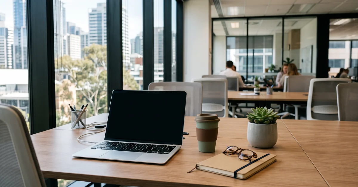 Sunlit desk in a bright modern office with a plant and a coffee
