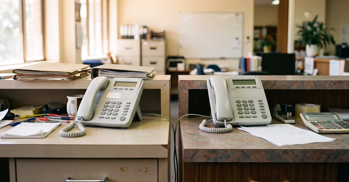 Two desk telephones on adjacent counters with the cord stretched between