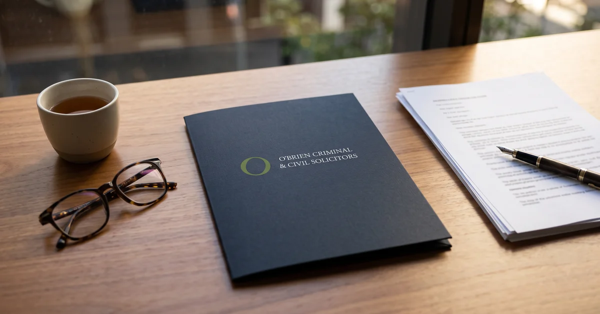 O'Brien Solicitors case file open on a solicitor's desk