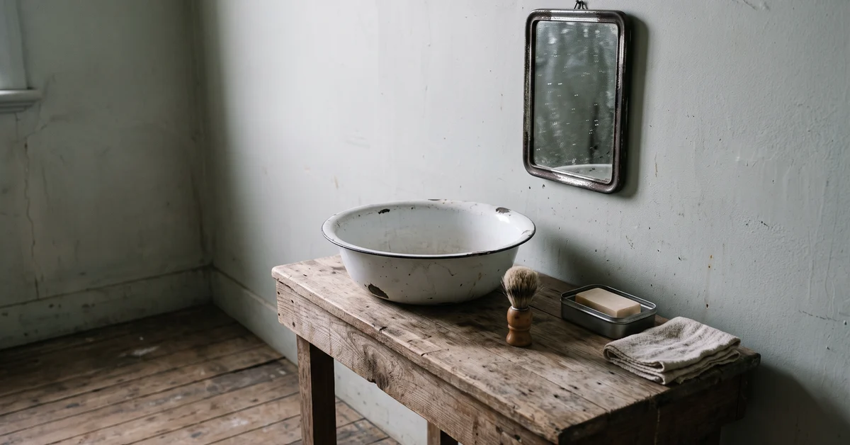Enamel washbowl and shaving kit on a bare washstand