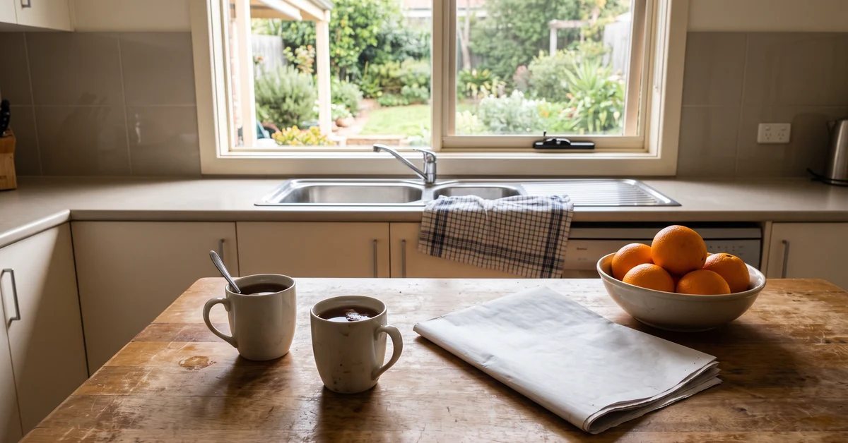 Kitchen table holds two mugs with spoons, a folded napkin, and a bowl of oranges; sink and a garden view are seen through the window above the counter.