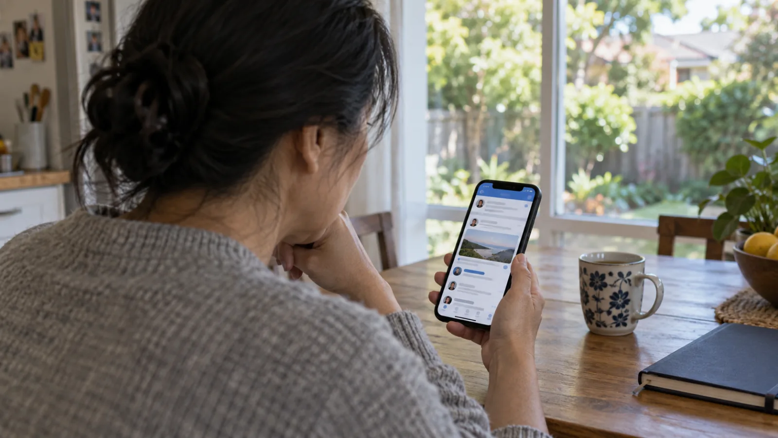 An adult reviewing a social-media discussion on a phone at a kitchen table.