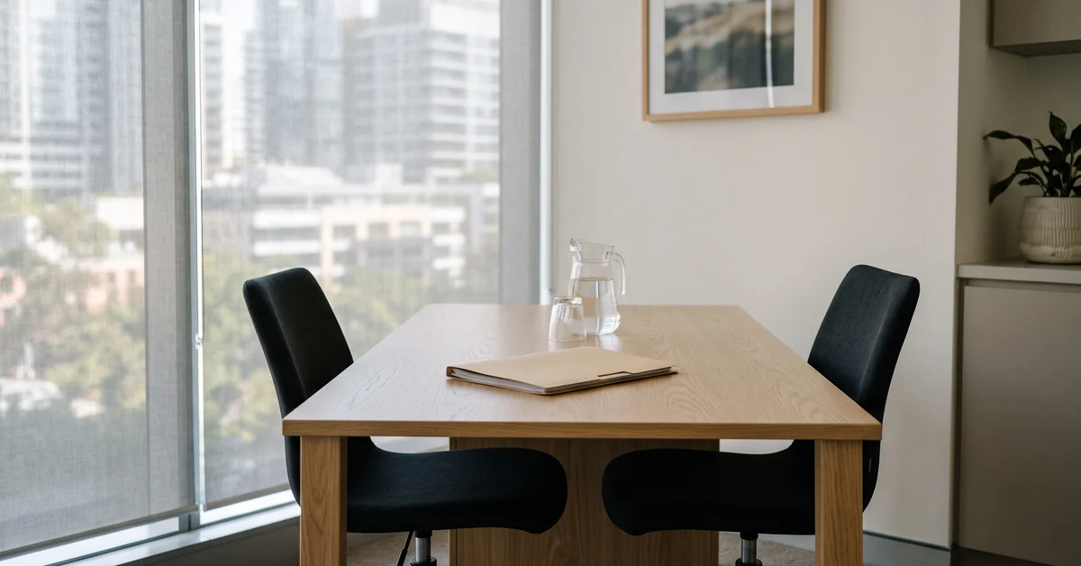 Two chairs drawn up at a meeting table with a single closed file