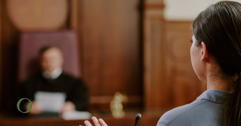 a woman is standing before a judge in court