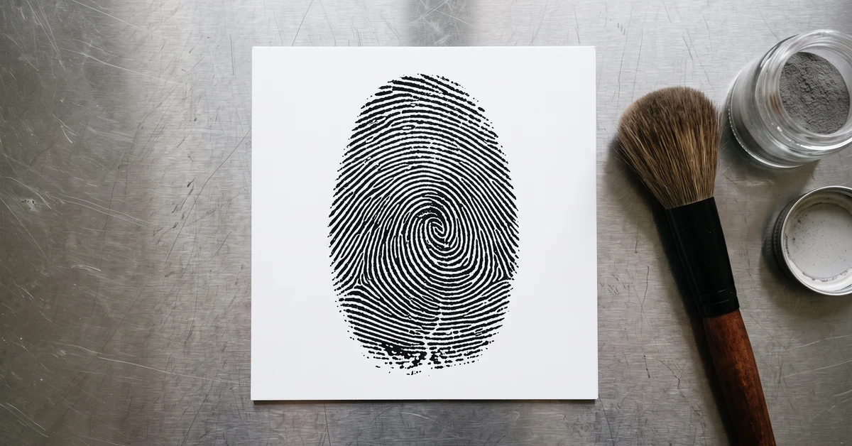 Fingerprint lift card showing a clear inked print beside a forensic brush