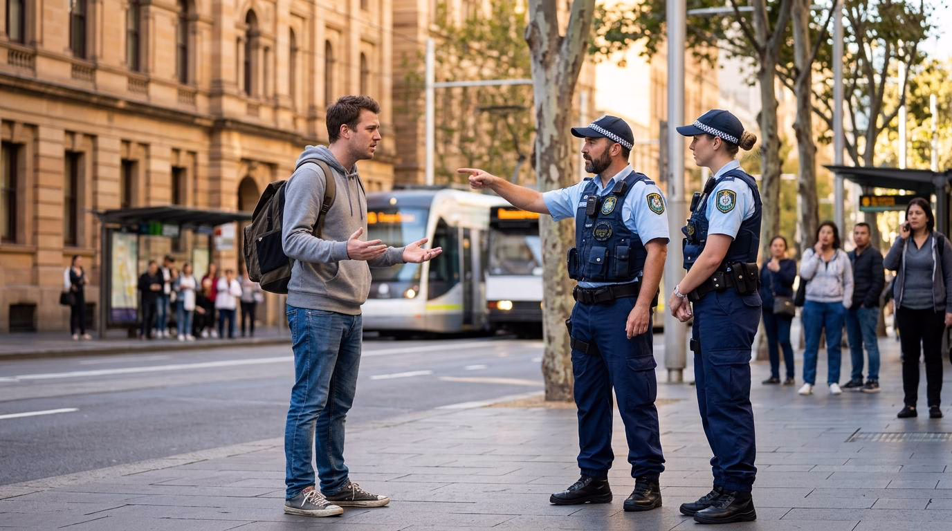 a man being questioned by two NSW police officers on sydney street. officers are pointing at man and man looks confused. there is a sydney tram in background