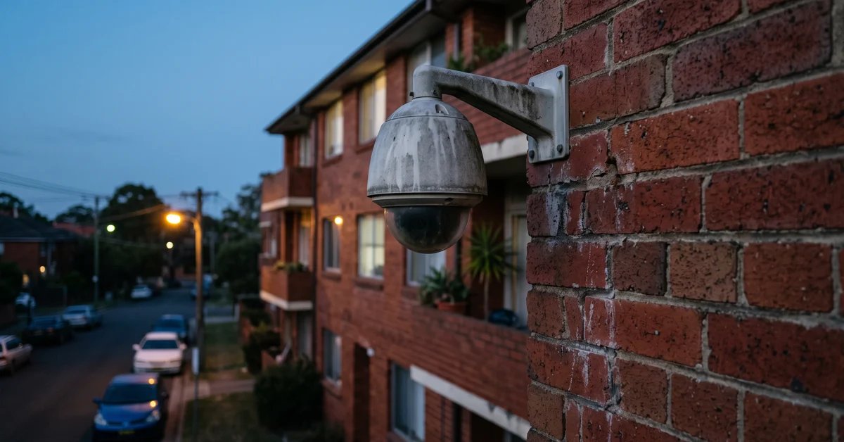 CCTV camera on a Sydney apartment block exterior at dusk