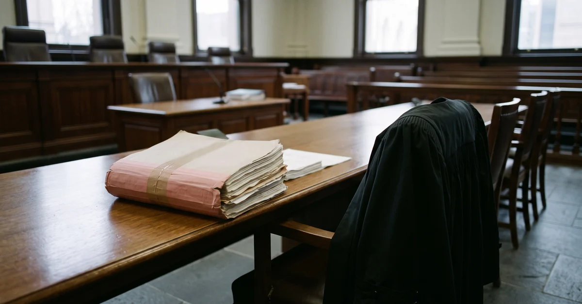 Barrister's brief tied with ribbon on a bar table with robes over a chair