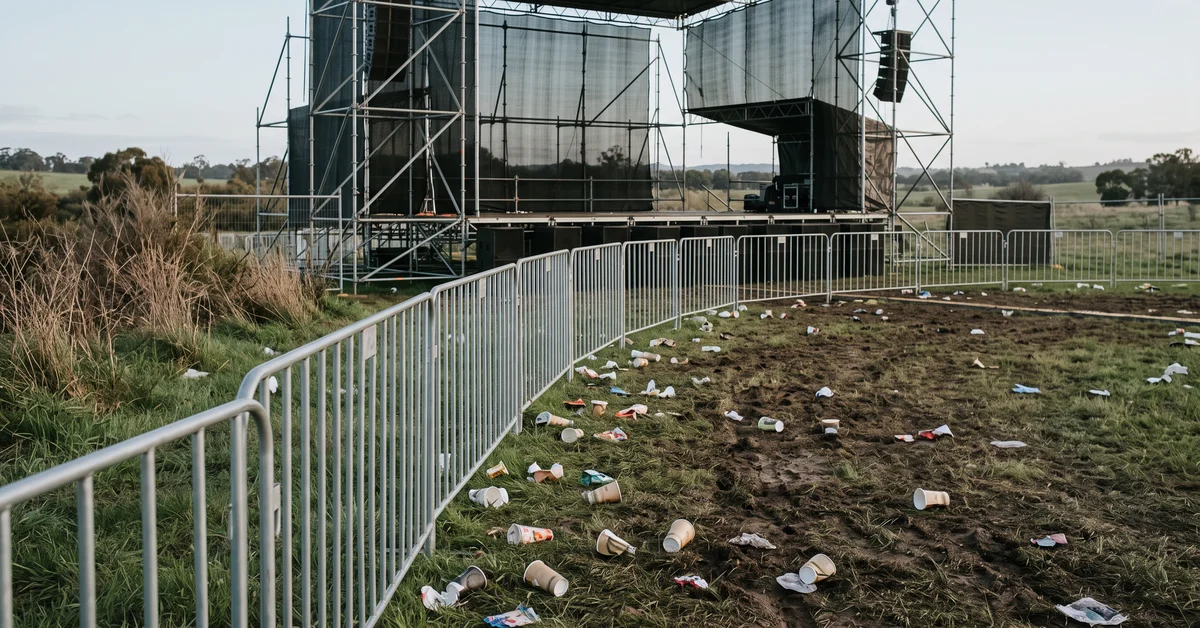Empty music festival site at dawn with barriers and trampled grass
