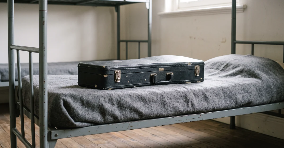Closed brass instrument case on a bare bunk in a plain dormitory