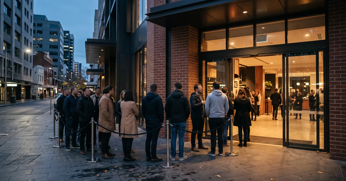 Queue outside a city venue in the early evening