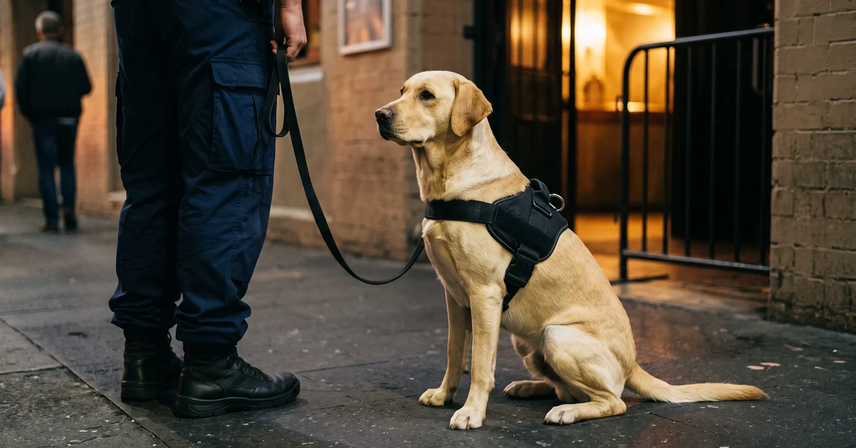 Police drug detection dog in harness at a venue entrance at night