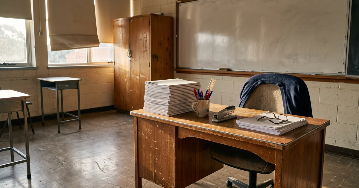 Teacher's desk at the front of an empty classroom in late afternoon light