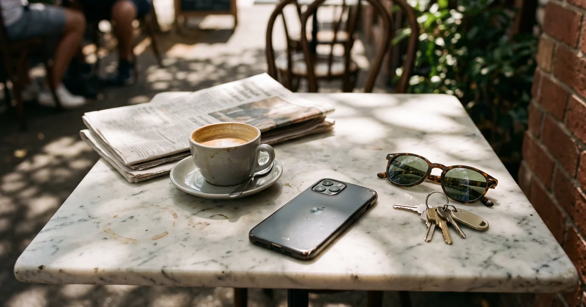 Phone face down beside a coffee on a sunlit cafe table