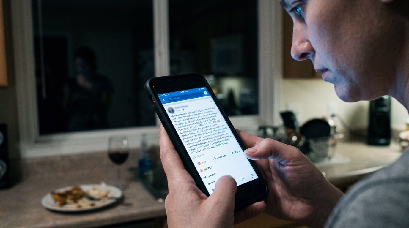 Woman reads a viral defamatory social media post on her phone at night in a dimly lit kitchen, illustrating how online defamation causes reputational harm in Australia.