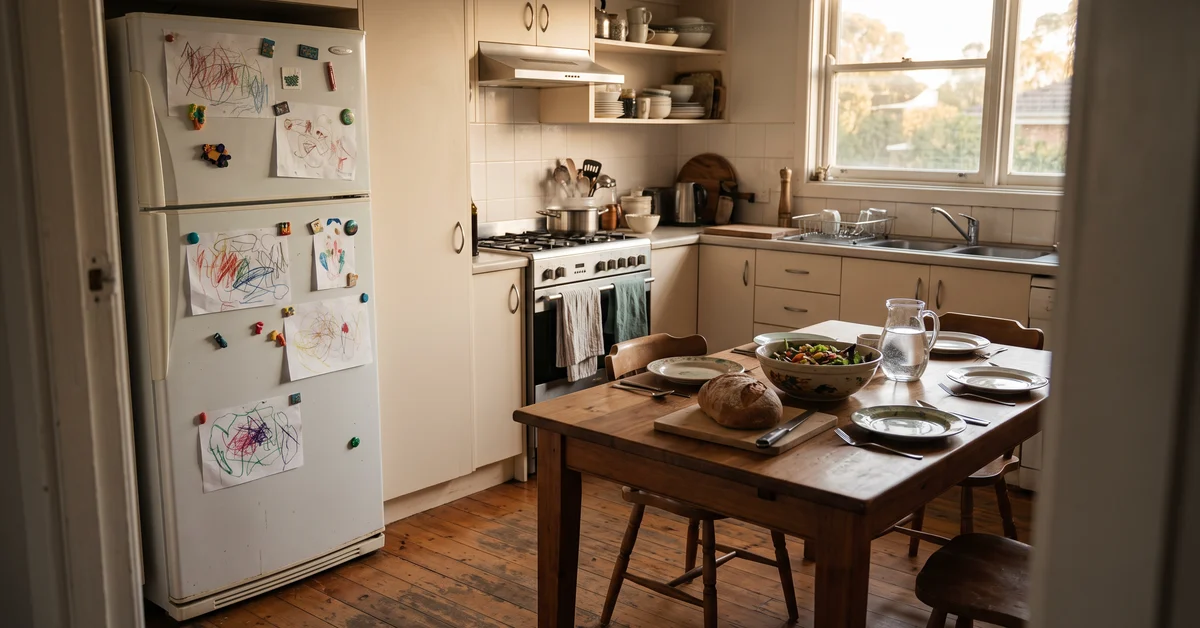 Family kitchen table set for a meal in warm afternoon light
