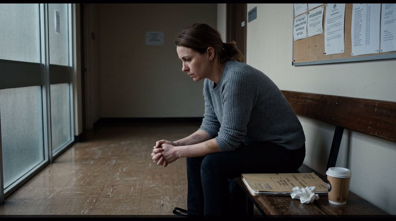 Close-up of bruised hands resting on a wooden table beside a partially visible assault charge document, symbolising a domestic violence victim facing criminal charges in NSW.