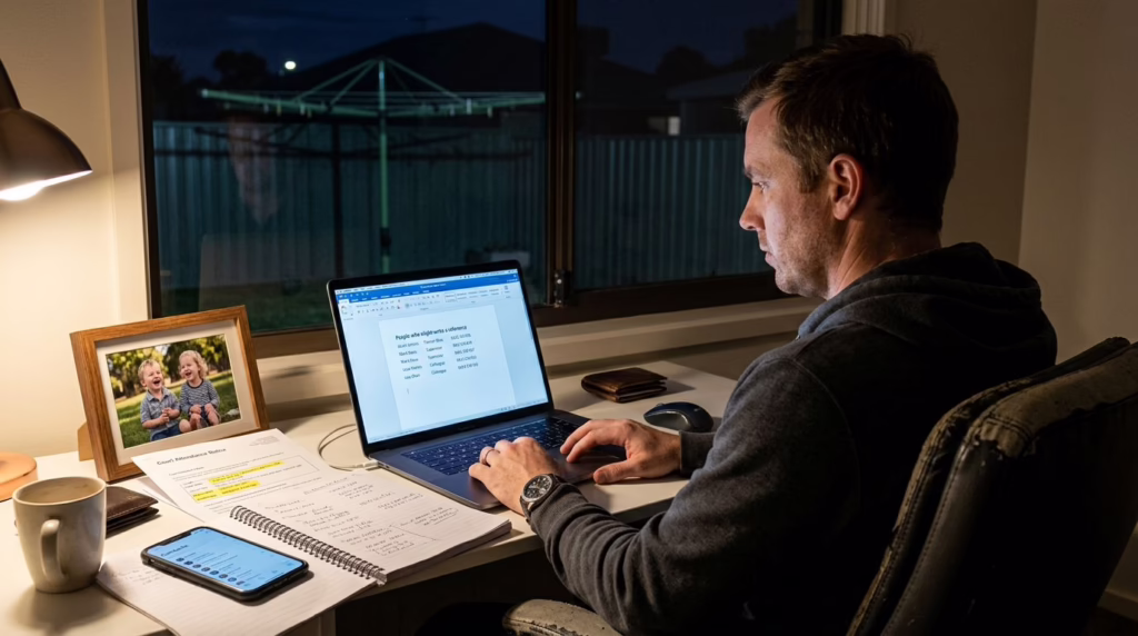 First-time offender in NSW sits at his home desk at night preparing a character reference list and reviewing his Court Attendance Notice for an upcoming sentencing hearing.