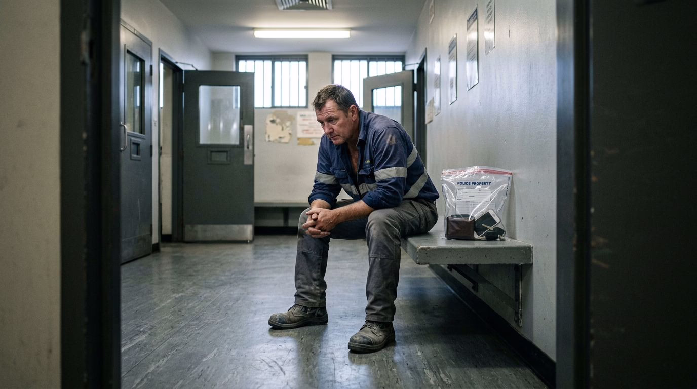 middle-aged man in a navy hi-vis work shirt and dusty boots sits on a metal bench inside a police station holding area, hands clasped, looking down with a worried expression. A police property bag containing his wallet and phone sits beside him on the bench