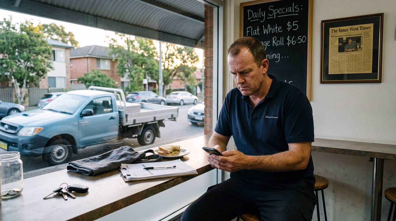 Small business café owner in Sydney reads a defamatory social media post on his phone at closing time, illustrating how Instagram and TikTok defamation harms Australian businesses. Title Attribute