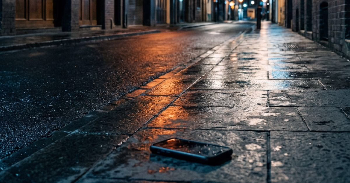 A cinematic wide shot of a quiet Sydney city street at night, just after closing time outside a generic licensed venue. Wet pavement reflects warm sodium streetlights and a single neon sign in the background. The street is empty, with a discarded mobile phone lying face-down on the footpath in soft focus. Moody, low-key lighting with a blue and amber colour palette. Photorealistic, shot on a 35mm lens, shallow depth of field, documentary style.